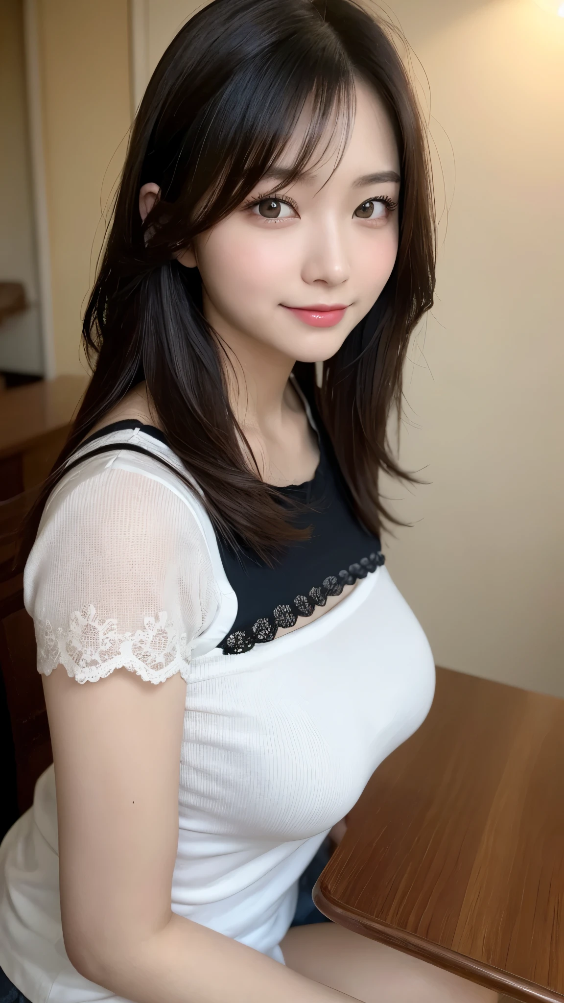 On the table、best quality、Photorealism、Finely、high resolution、8wallpaper、Perfect dynamic posture、Beautiful slender eyes and long hair、(Big plump breasts 1.3)、casual sexy pose、Random situations、Selfie Angle,Close Range,Looking at the camera,(Tight round neck black mesh lace shirt)、、Gentle smile、50 years old、(Perfect Eyes 1.3)、Mature adult beauties、Japanese、