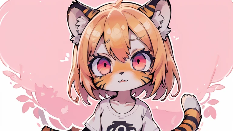 (obra maestra, Alta calidad, mejor calidad, 8K, high resolution), ((estilo chibii, Chibi lindo)), (solo, 1 girl), {Tiger Girl, cara de tigre, 2 colmillos, long eyelashes, delineador de ojos} {bigotes de tigre}, (((Piel de tigre por todo el cuerpo., Rayas de tigre en el cuerpo.))), (pelo naranja), cabello corto, Pinza para el cabello, [[Pinza para el cabello white flower on hair]], ((Muy feliz)), ((boca abierta)), ojos naranjas, [pupilas negras], ((buscando)), (very small breasts), brazos delgados, (un brazo arriba, un brazo hacia abajo), axilas, ((mini camiseta rosa, camiseta rosa completa)), {shorts blancos}, {{{mini cola de tigre, Cola en la espalda}}}, (cuerpo completo), (((de pie, jump angle))), dynamic pose, Fondo blanco, fondo sencillo, ((((Estilo Tora-chan no Hanayome)))), (old anime style 40s), estilo animado, anime color.