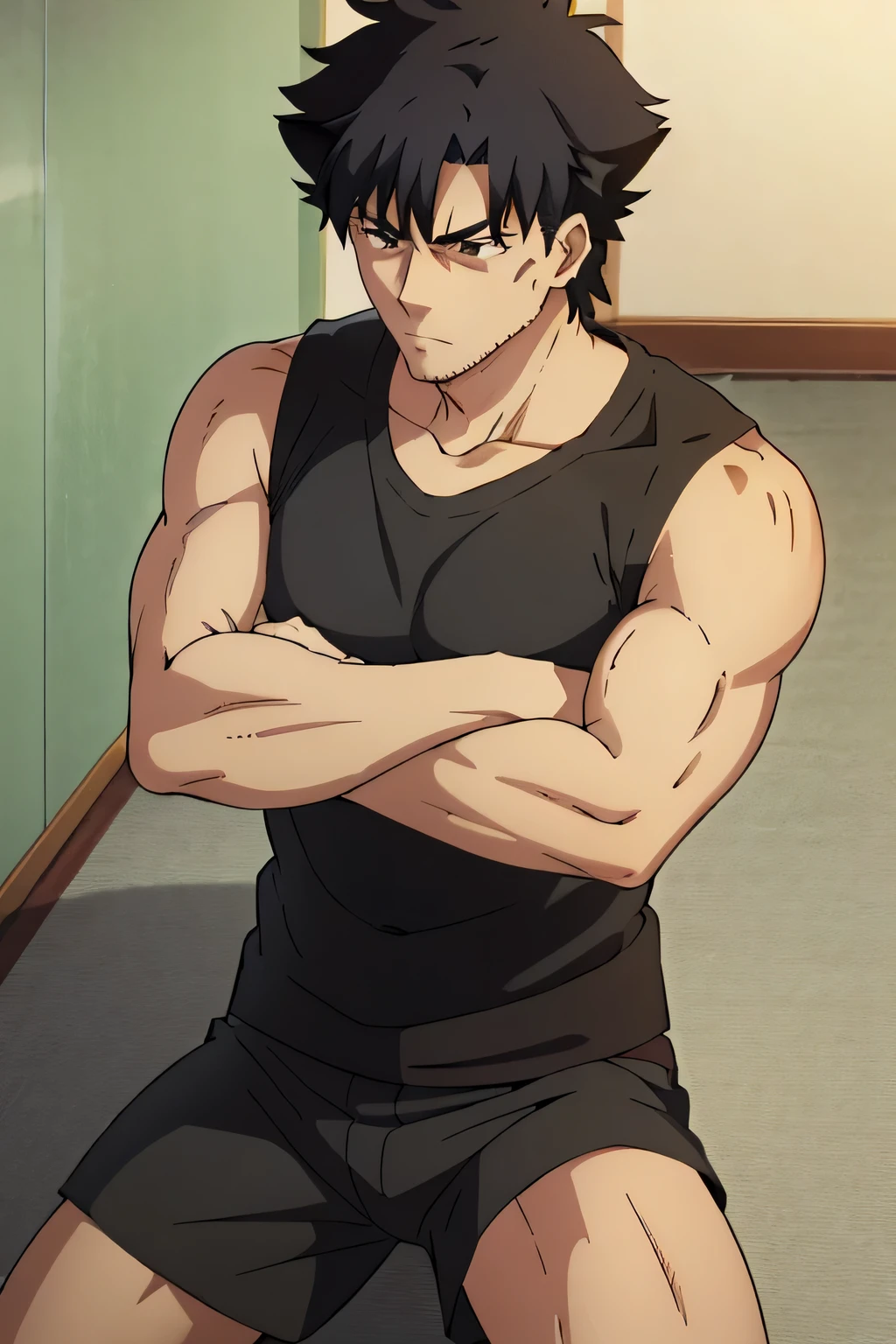Kiritsugu is sitting and flexing his biceps. He wears a black tanktop with short sleeves and black boxershorts. You can see his abs. He looks stoic and serious.