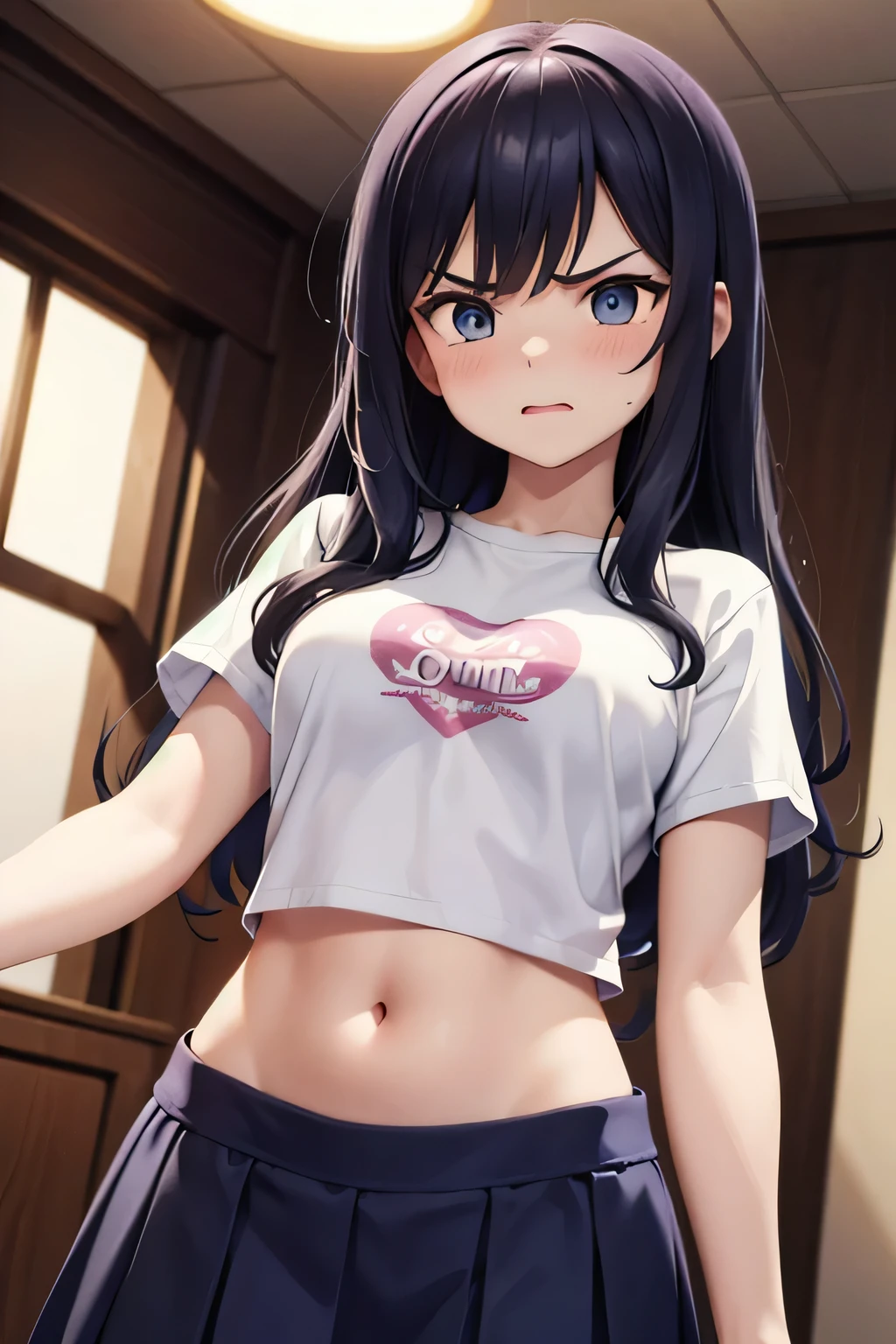 super fine illustration, vibrant colors, masterpiece, sharp focus, best quality, depth of field, cinematic lighting, ultra detailed, short sleeves, t shirt, short pants, belly button, midriff, wide hips, 1 woman, home, solo, milf, long hair, slender, blush, angry, casual, mature female, tall body, looking down