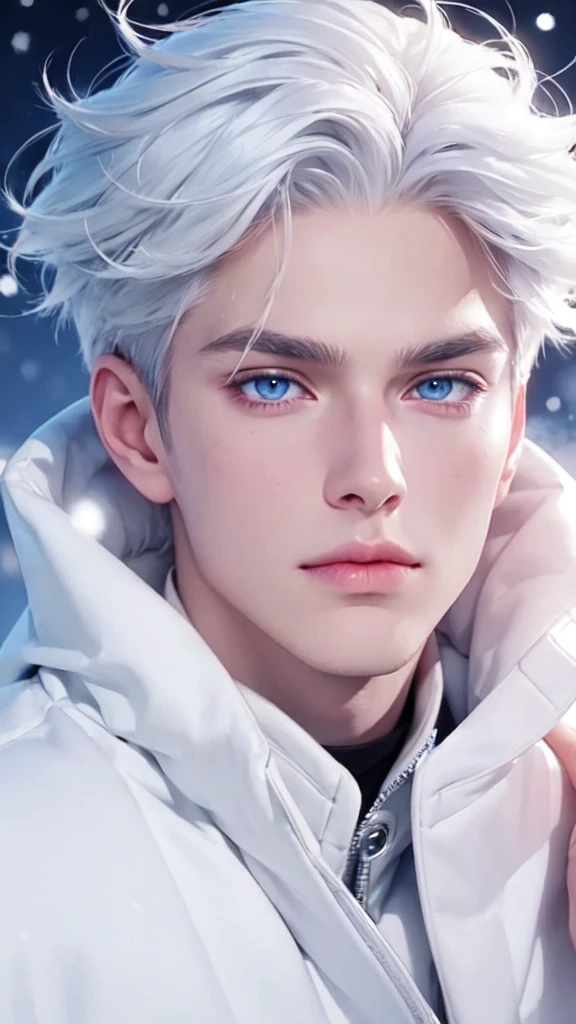 Boy, white hair, blue eyes, serious sharp features, white skin, pink lips, winter fashion.