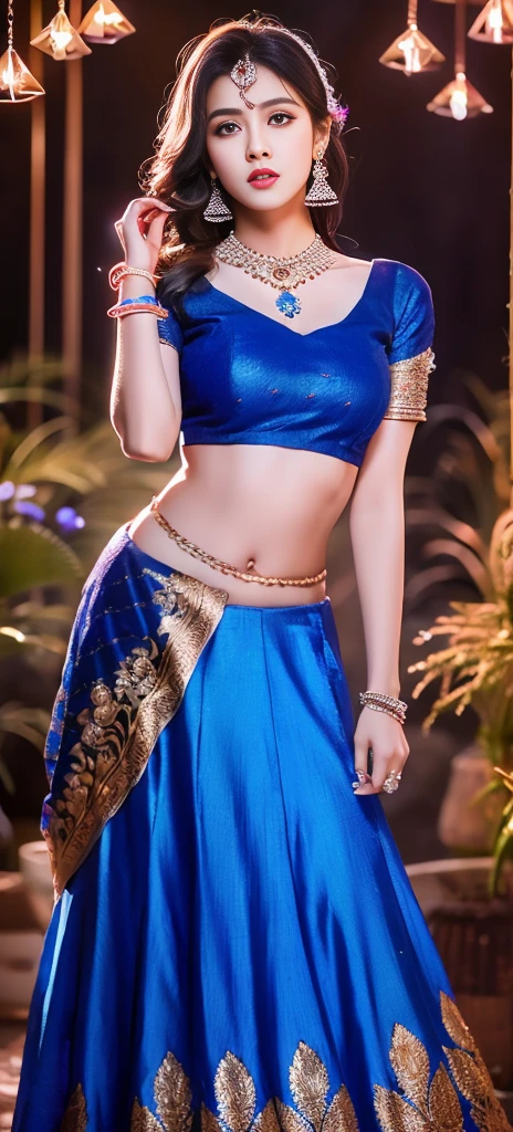 4K, Ultra-high resolution, masterpiece, 1 girl, Nice face, Fine grain, Detailed lips, Very long hair, Straight hair, Very long hair, Beautiful Hair, hair Decorations, hair band, Gradient Hair, ((Indigo Lehenga)), ((Bridal Lehenga)), ((Decorative blouse)), sardine, ((Lehenga Jewelry)), ((Indigo lace)), ((Diamond Bracelets)), ((meanwhile)), Decorations, necklace, Earrings, high intensity lighting, ((Bare Belly)), Wedding Stage, Fujicolor, Depth of written boundary, Ray Tracing, Ultra-Realistic Details,