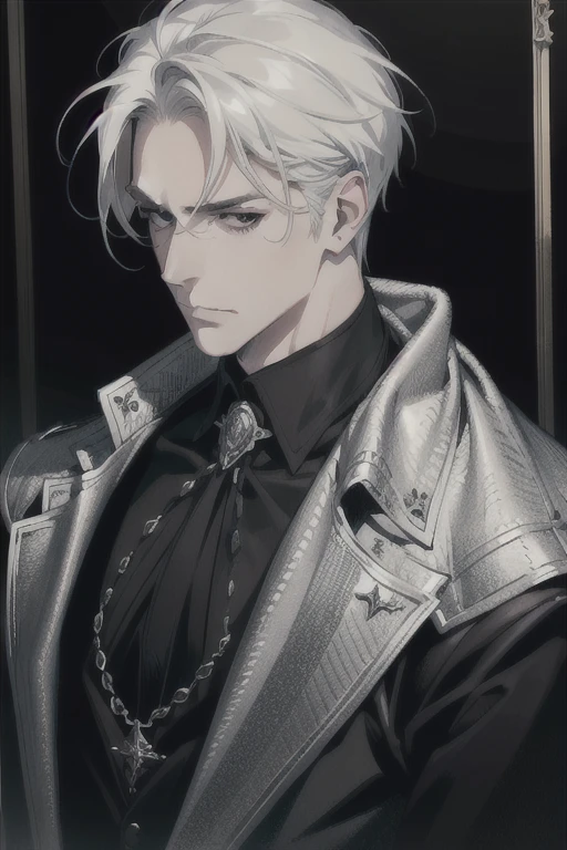 (masterpiece, best quality:1.2), (absurd res, high res, ultra detailed), 1 male, adult, handsome, tall muscular guy, broad shoulders, white hair, finely detailed eyes, portrait, looking at viewer, solo, half shot, detailed background, detailed face, (gothic), smirk, vampire, dark leather, high fantasy,, stealth, undercover, (crates in background), shadows, fog, (dutch angle), closed mouth,