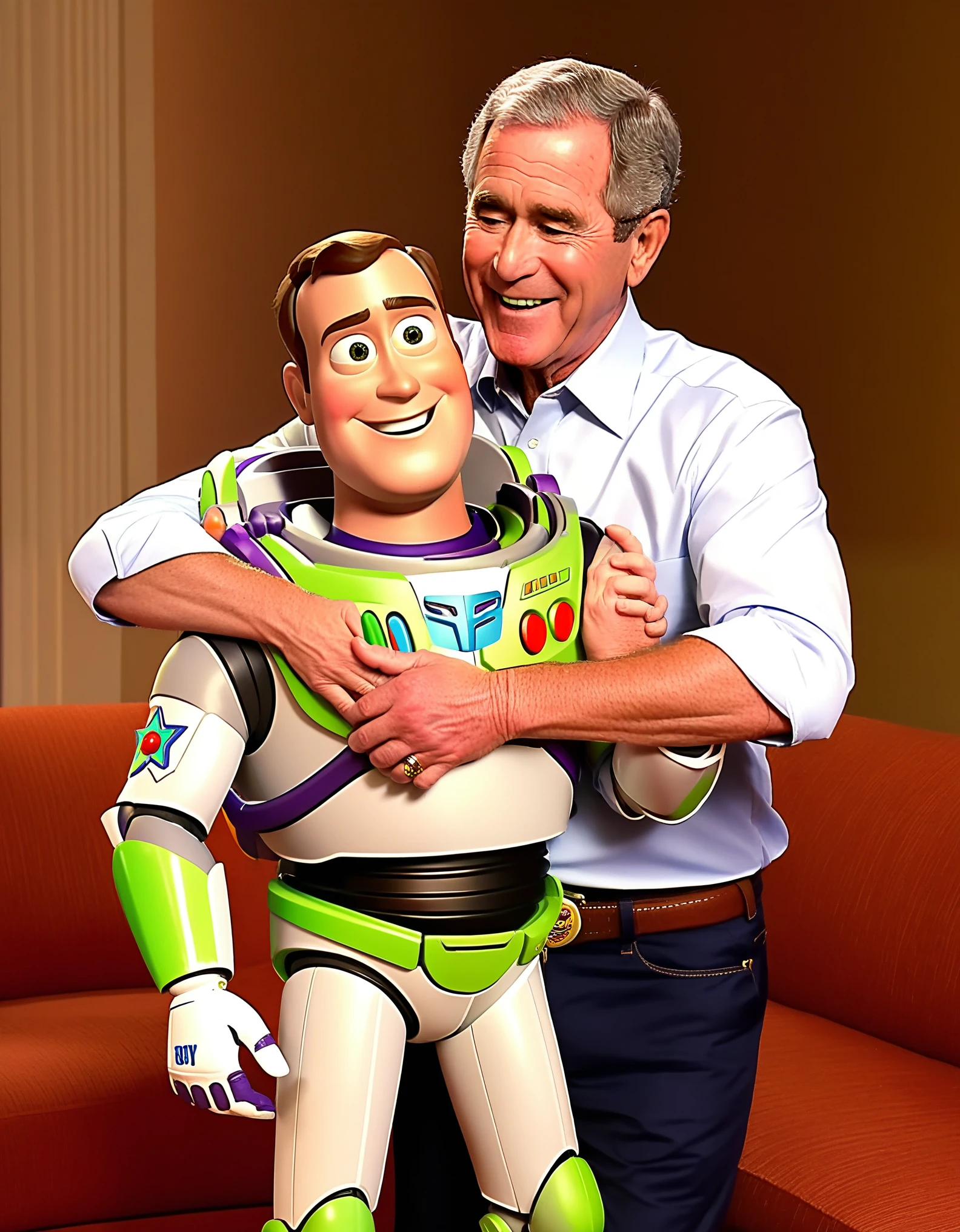 george w bush and andrew card embracing like buzz lightyear and woody with a title called boy story, pixar style