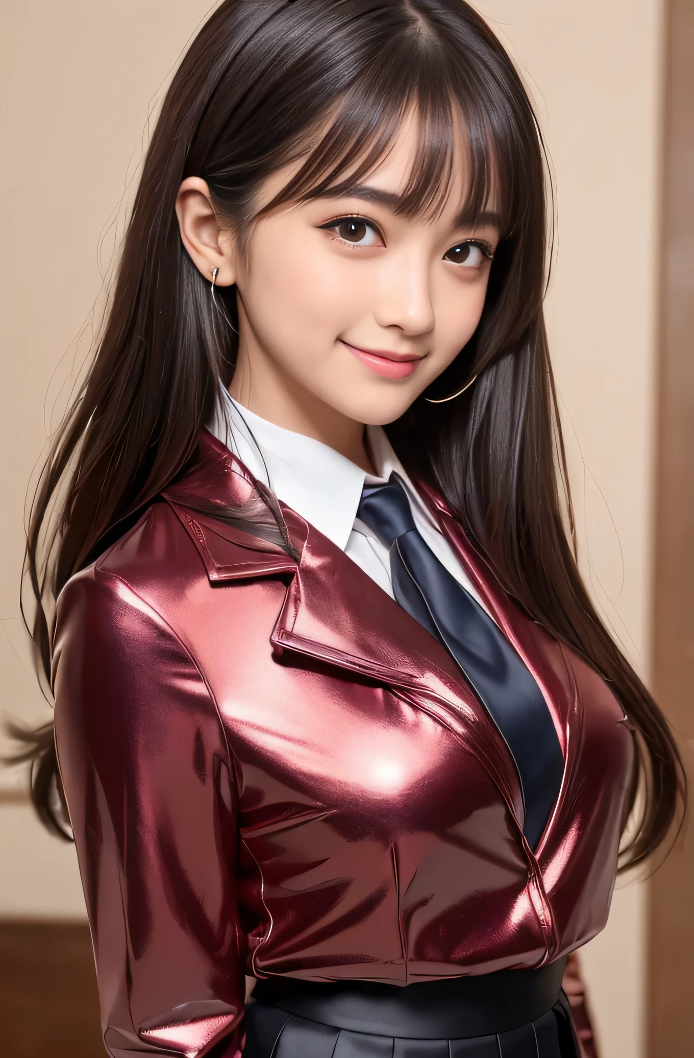 Angelic Very pretty cute young girl, 
very beautiful girl,
(V-line jaw),
Beautiful detailed brown eyes, 
small straight nose,
Detailed double eyelids, 
(Large eyes:1.3), 
Long straight brown hair, 
see-through bangs, 
beautiful detailed face and eyes, 
smiling, 
BREAK   
(super shiny metallic dark red  blazer:1.3),metallic pearl white school blouse,(shiny metallic bright red neck ribbon tie:1.2),(super shiny metallic dark blue pleated skirt :1.5),(school uniform with super reflective surfaces:1.5),

(Very beautiful cute girl:1.2), 
Very pretty cute young girl, 
V-line jaw,
Beautiful detailed eyes, 
very beautiful girl,
Detailed double eyelids, 
(Large eyes:1.3), 
Long straight brown hair, 
see-through bangs, 
beautiful detailed face and eyes, 
smiling, 
break  
(Very beautiful cute girl, Beautiful detailed eyes, Detailed double eyelids:1.3), 
(Soft Saturation: 1.3), 
(Fair skin: 1.4), 
(Large eyes:1.4), 
break  
Very beautiful cute girl, 
Sharp Focus, 
brown hair, 
Very beautiful cute girl, 
Raw photo, 
High resolution, 
perfect detail, 
Professional Photography, Professional Lighting, 
strong lighting,
break 
(smile:1.6),(5 yo:1.3)
