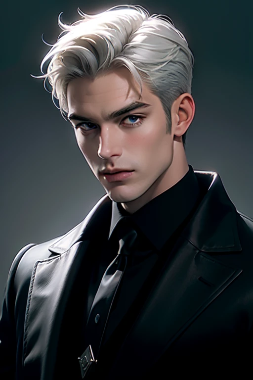 (masterpiece, best quality:1.2), (absurd res, high res, ultra detailed), 1 male, adult, handsome, tall muscular guy, broad shoulders, white hair, finely detailed eyes, portrait, looking at viewer, solo, half shot, detailed background, detailed face, (gothic), smirk, vampire, dark leather, high fantasy,, stealth, undercover, (crates in background), shadows, fog, (dutch angle), closed mouth,