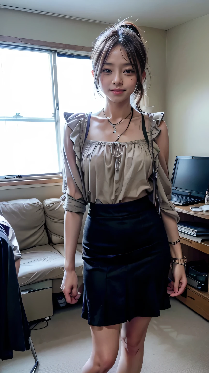 (Woman standing in office:1.3、The background is the office)、(Realistic、Like a photograph、Live Action、8k, Photorealistic, RAW Photos, Best image quality: 1.4), Single-lens reflex camera、RAW Photos, highest quality, Realistic, Highly detailed CG Unity 8k wallpaper, Written boundary depth, Cinematic Light, Lens flare, Ray Tracing, Realistic background、(blouse with frills:1.2、(mermaidskirt:1.5，Long skirt)、Large Breasts:1.37、((Wear a name tag around your neck)))、((Ultra-dense skin))、 1 female,Cute Japanese Woman、Japanese office lady at work、((whole body:1.5)，View the computer:1.1、smile、(Medium Hair、Short Ponytail:1.3)、I like that style、Stylish、Very detailed、Pay attention to the details、Perfect outfit、(Sunburned skin)、Beautiful legs:1.1，Anatomically correct body、Accurate Fingers、Are standing、View from the front