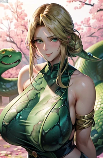 ((woman,Huge ,Huge breasts:1.4,とても唇が赤いHuge breastsを強調,Big Ass,Narrow waist,Long legs,Green Eyes立っている)) ((Anime Style,A sloppy smile,What we are looking for,Face mischievous face,The facial expression is accurate))8k((Anime Style)) ((Anime Style)Green Eyes)8k((Green Eyesの描写しっかり)) ((Staring at me)) ((Blushing)) ((Ecstatic Face)) ((snake:1.3)) ((Snakeskin))8k((snakeの女) (snakeと一体化したwoman) (Show your lower body:1.5)