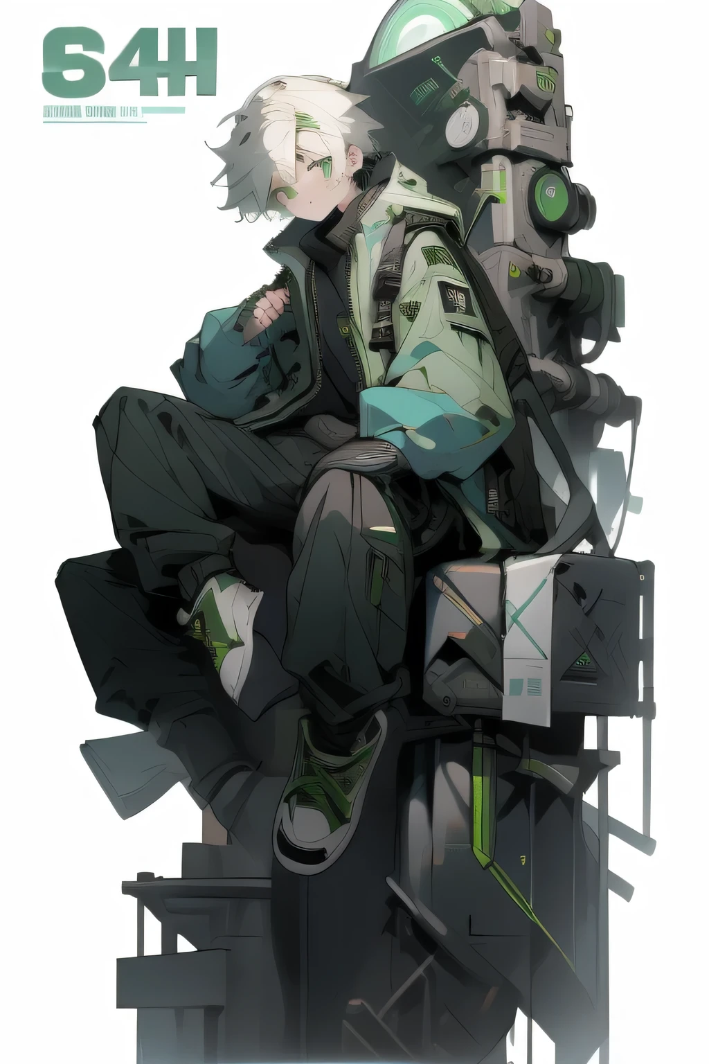 masterpiece, Best Quality, 4K, high resolution, ultra-detailed, High resolution, Ultra HD, sophisticated details, line art, thick lines, Backlight, ((Full body shot)), ((No background)), ((White background)), boy with white hair, green eyes, cute, chibi, dark blue jacket, hoodie, sitting down, computer, laptop