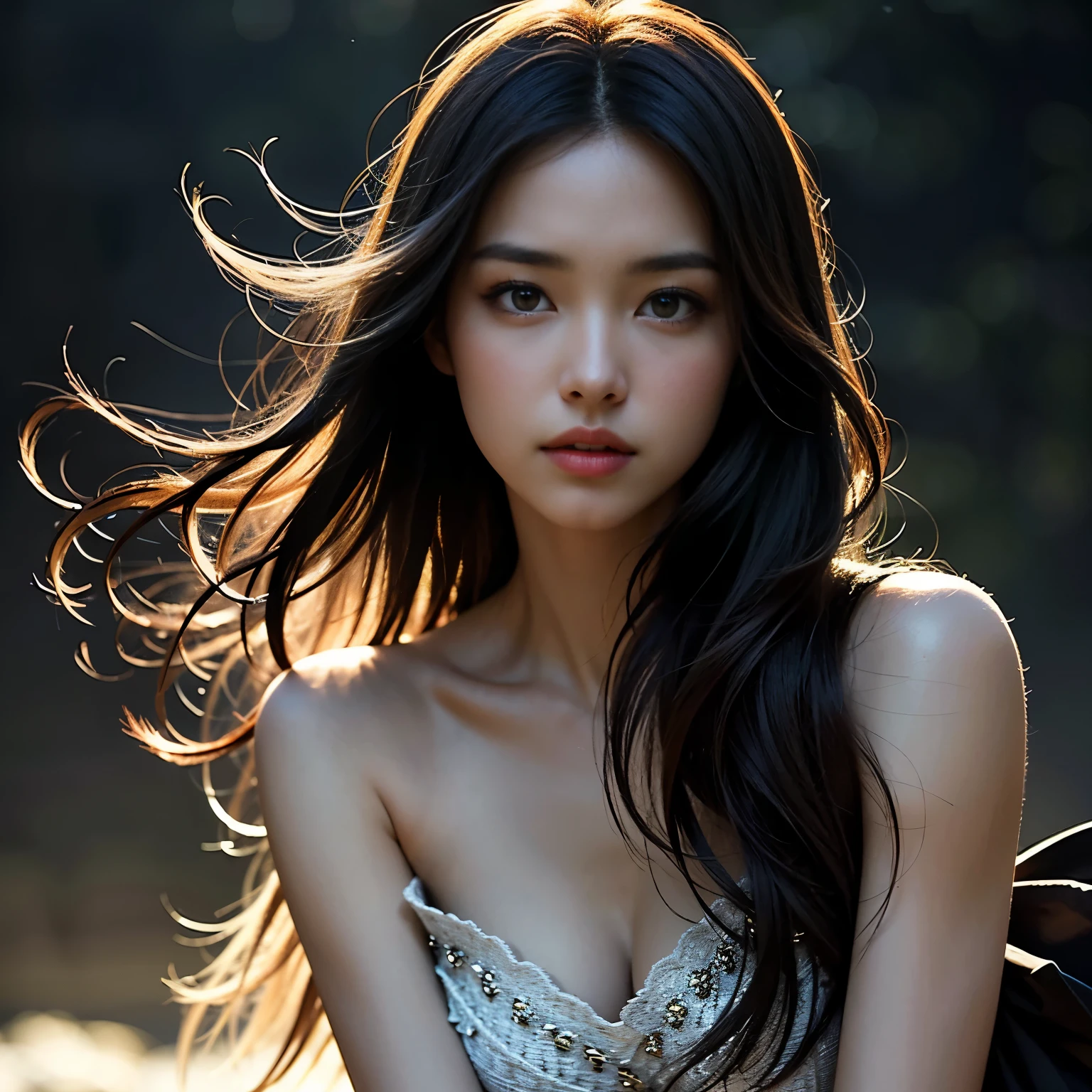 a beautiful young woman, detailed face, long eyelashes, perfect skin, graceful pose, sensual expression, flowing hair, delicate features, revealing dress, romantic, dramatic lighting, glowing skin, ethereal, cinematic, Renaissance, chiaroscuro, rich colors, dramatic shadows