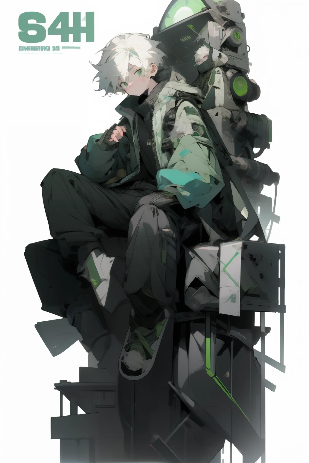 masterpiece, Best Quality, 4K, high resolution, ultra-detailed, High resolution, Ultra HD, sophisticated details, line art, thick lines, Backlight, ((Full body shot)), ((No background)), ((White background)), boy with white hair, green eyes, cute, chibi, dark blue jacket, hoodie, sitting down, computer, laptop