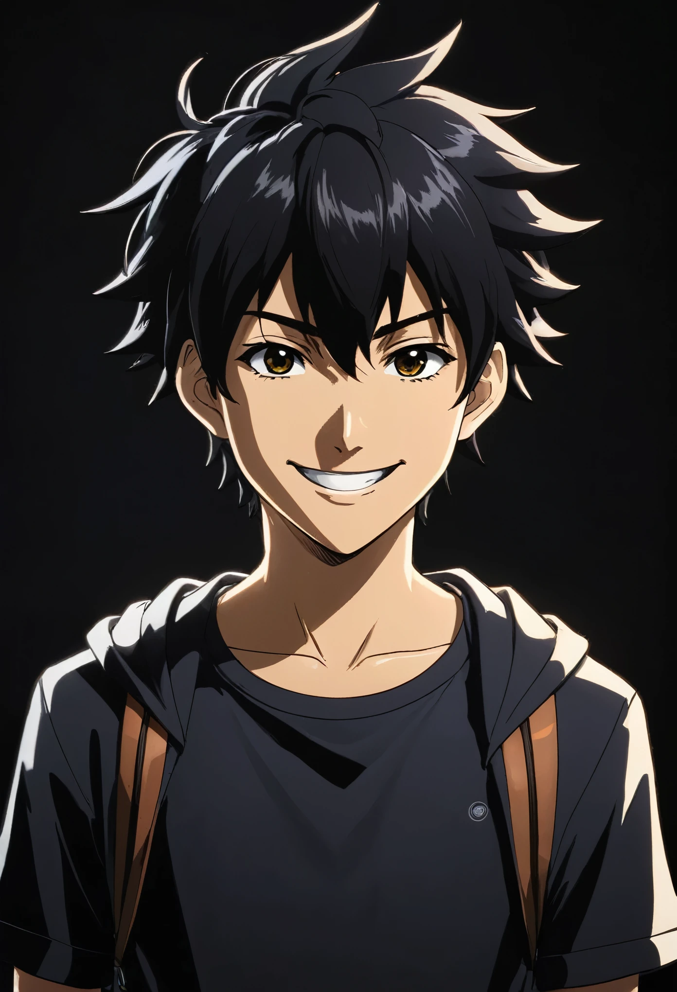 Desenhe um personagem de anime jovem moreno com cabelos curtos e espetados, vestindo um sobretudo preto, standing against a dark background, with a smiling expression