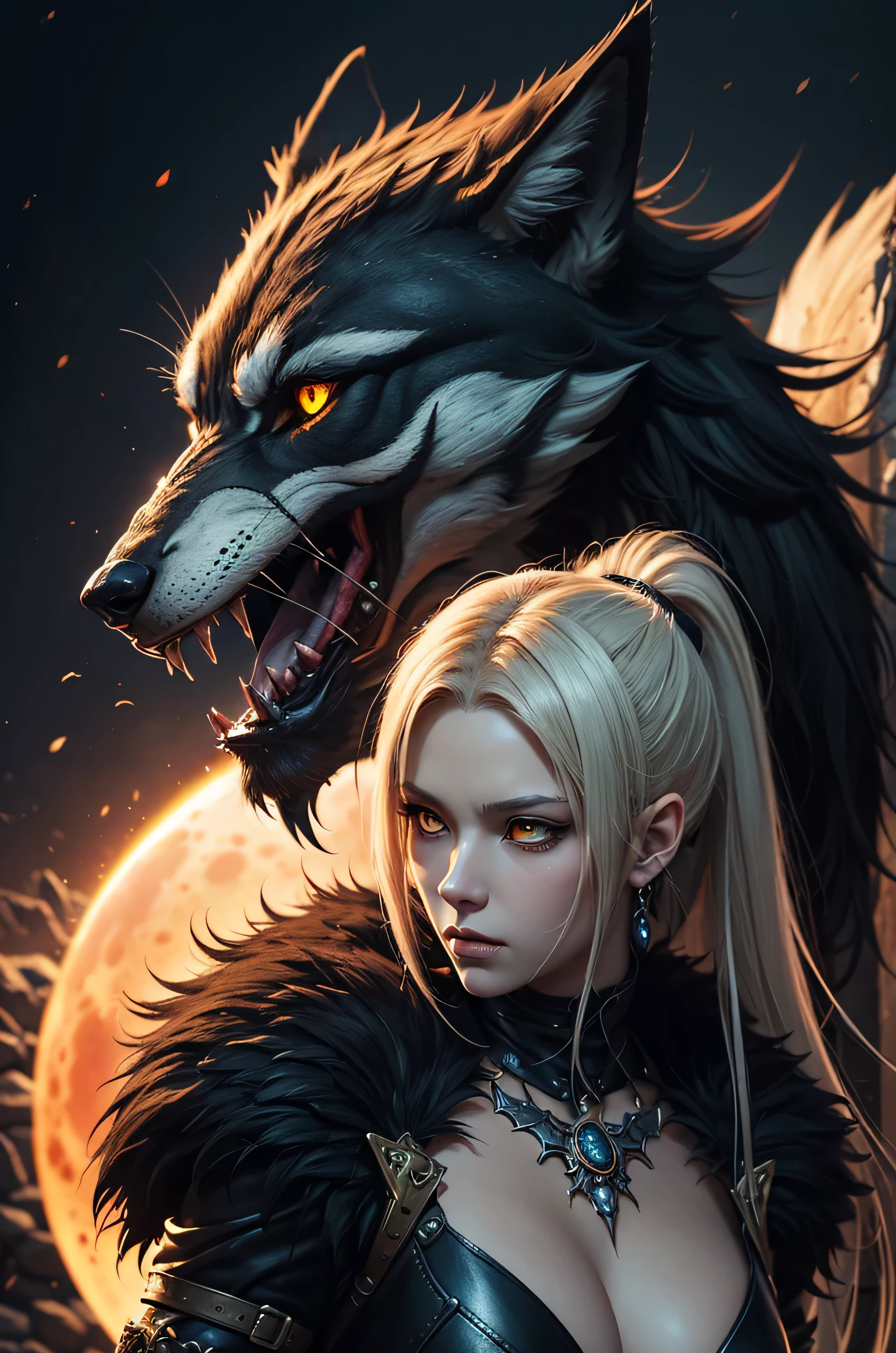 On the ancient battlefield stand Enraged female werwolf, she have white fur golden yellow eyes , her claws covered with blood, blood moon shine above her, (ultra high quality fantasy art, dark fantasy style, masterpiece, ultra high quality character design, 8k quality anime art, realistic anime art, top quality wallpaper illustration, detailed ultra high quality accurate face, high quality design and accurate physic)