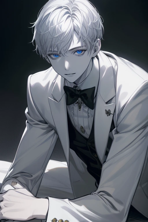 (masuter piece,Best Quality,Ultra-detailed), (A detailed face), 1boy, A young man who left his boyhood behind,(front-facing view),(Photorealsitic:1.2),(side lights,Beautiful Eyes of Details:1.2),white colored hair,Face focus,Business suit,jacket,whiteshirt,Vampires