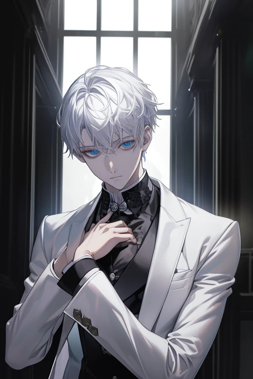 (masuter piece,Best Quality,Ultra-detailed), (A detailed face), 1boy, A young man who left his boyhood behind,(front-facing view),(Photorealsitic:1.2),(side lights,Beautiful Eyes of Details:1.2),white colored hair,Face focus,Business suit,jacket,whiteshirt,Vampires