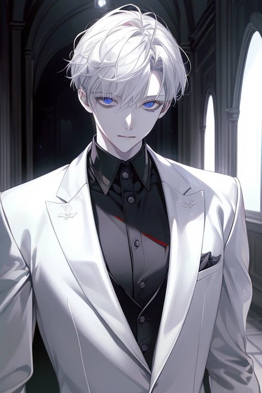 (masuter piece,Best Quality,Ultra-detailed), (A detailed face), 1boy, A young man who left his boyhood behind,(front-facing view),(Photorealsitic:1.2),(side lights,Beautiful Eyes of Details:1.2),white colored hair,Face focus,Business suit,jacket,whiteshirt,Vampires