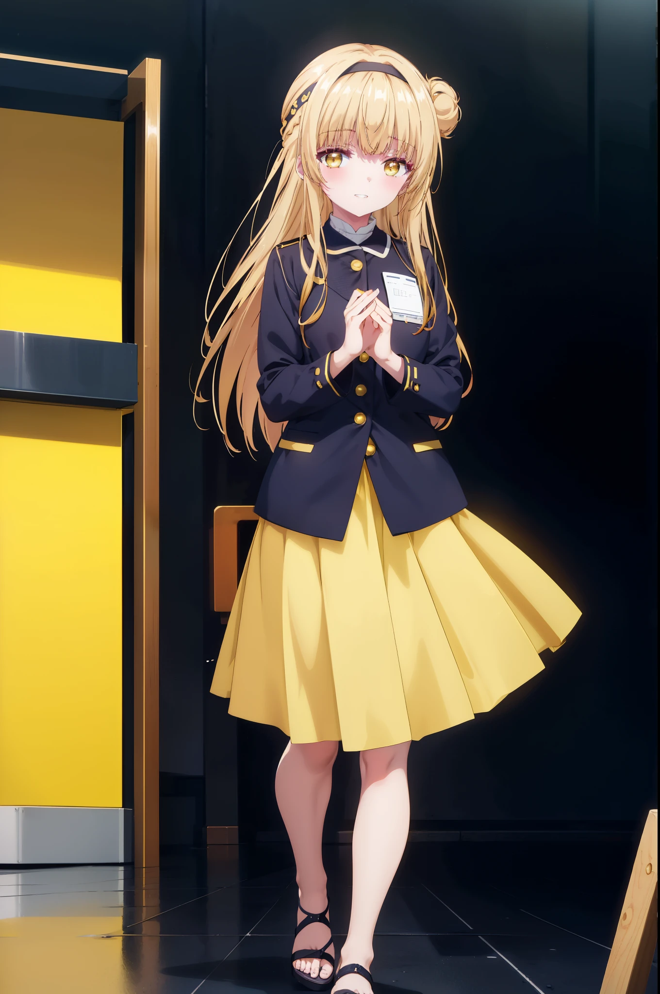 mahirushiina, Mahiru shiina, Long Hair, bangs, Blonde Hair, Brown Hair, (Yellow Eyes:1.3), smile,Black jacket,Hair Bun, single Hair Bun,Grin,Fishnet tights,Heeled Sandals,mini skirt, Headband Top, whole bodyがイラストに入るように,
break indoors, stage,
break looking at viewer, whole body,
break (masterpiece:1.2), highest quality, High resolution, unity 8k wallpaper, (figure:0.8), (Beautiful fine details:1.6), Highly detailed face, Perfect lighting, Highly detailed CG, (Perfect hands, Perfect Anatomy),