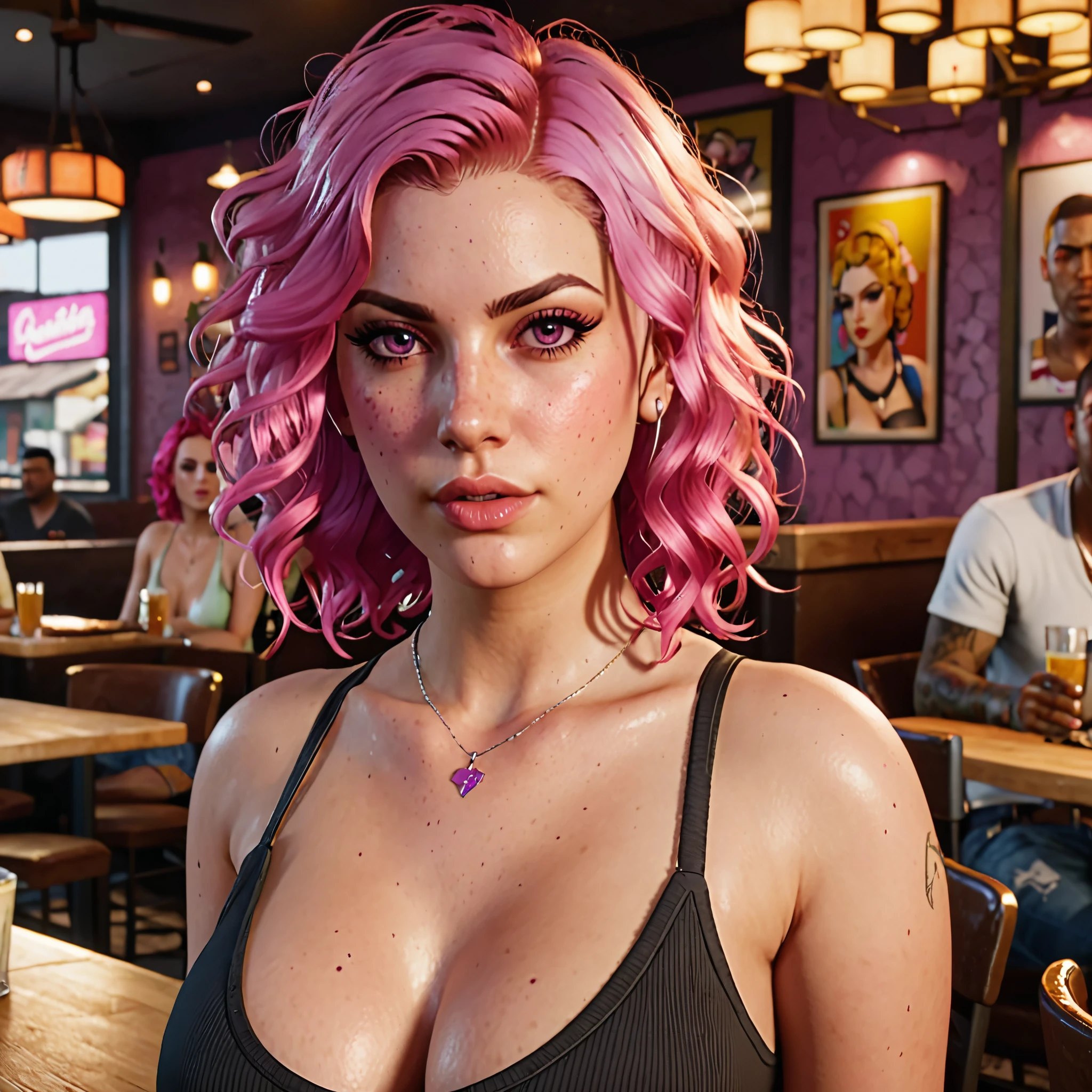 A beautiful young woman with wavy pink hair and pink eyes, wearing a top and big tits, in a restaurant  ,style grand theft auto, HD PORTRAIT