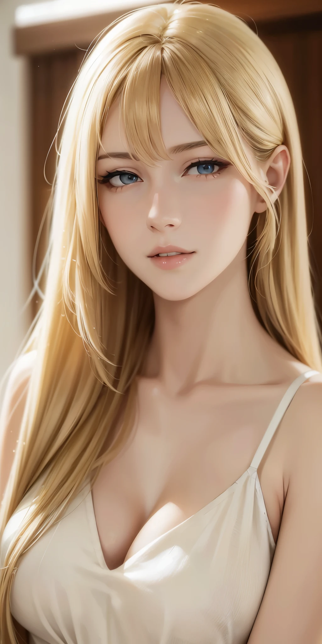 Portrait, Upper body, elegant adult woman, long neck, blonde hair, long hair, bangs, casual clothes, cleavage, 4k resolution, high quality, soft light, looking at viewer