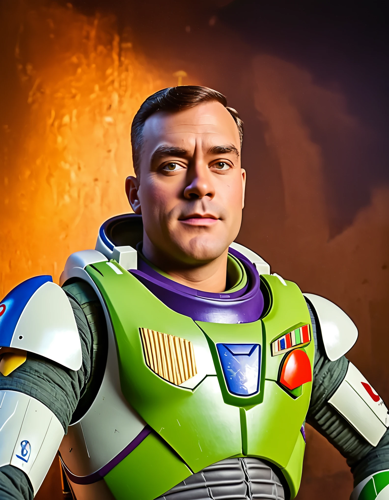 polaroid photo of Buzz Lightyear in World War 2 setting, 1940s, detailed military uniform, detailed facial features, (best quality,8k,highres,masterpiece:1.2),ultra-detailed,(realistic,photorealistic,photo-realistic:1.37),HDR,studio lighting,vivid colors,cinematic lighting,highly detailed military equipment,historical accuracy,gritty military aesthetic,dramatic shadows,warm tones,vintage film effect,aged and worn textures