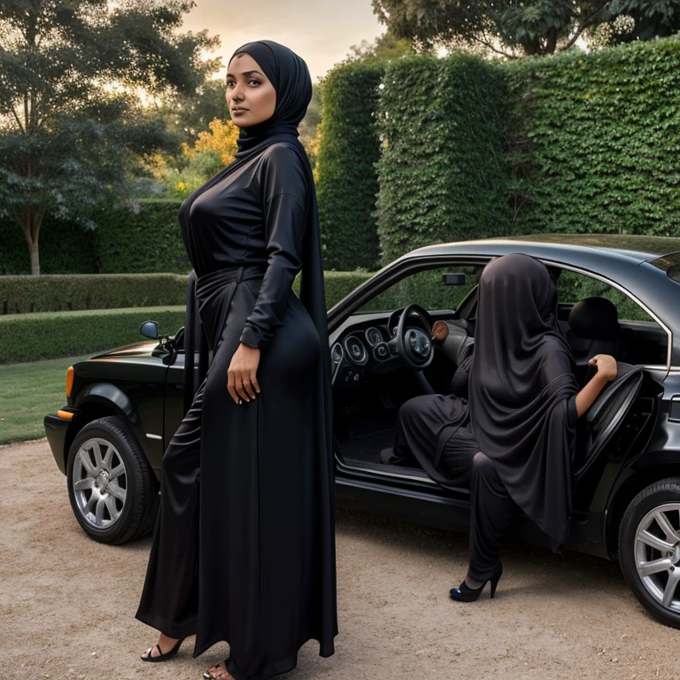 A 40 years old beautyful muslim woman,pushing a car,wearing black silk hijab and burkha,glowing skin,big ash,big dick in her ash,big breasts,sexy figure,full body image,right side view,garden in background,ultra detailed,8k