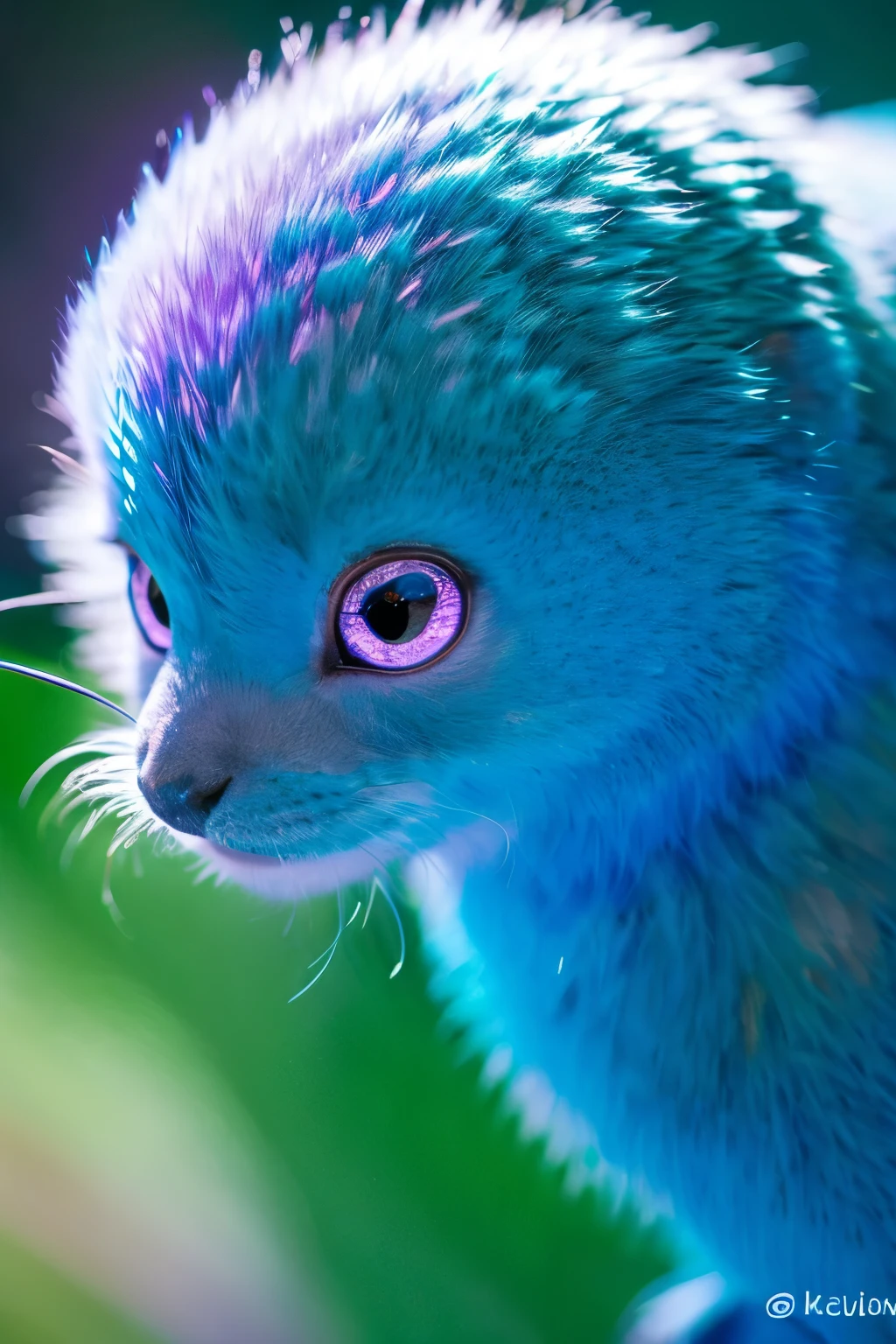 ultra detailed macro photography by miki asai, wildlife photography, large expressive eyes, a diminutive extraterrestrial creature with (iridescent blue ) soft fluffy whitefur, sitting on a purple wondrous extraterrestrial plant, extra limbs, long tail, alien life form, ethereal, (bioluminescent:1.2), (glowing highlights:1.2), (fractal art:1.1), colorful, kodachrome, uhd, canon eos