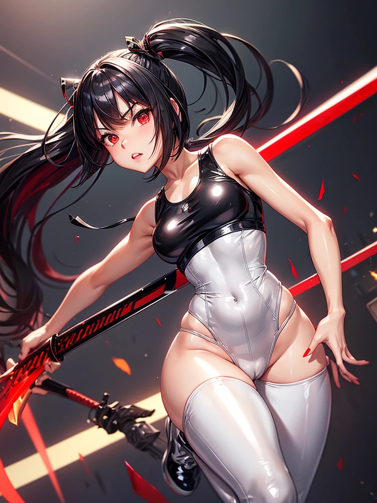 solo girl,Glossy metalic light silver tank top, tight latex shiny, Red interpolation color,Black hair bob,red eyes, camel toe, Samurai Sword,
Lift one leg, sexy lady,