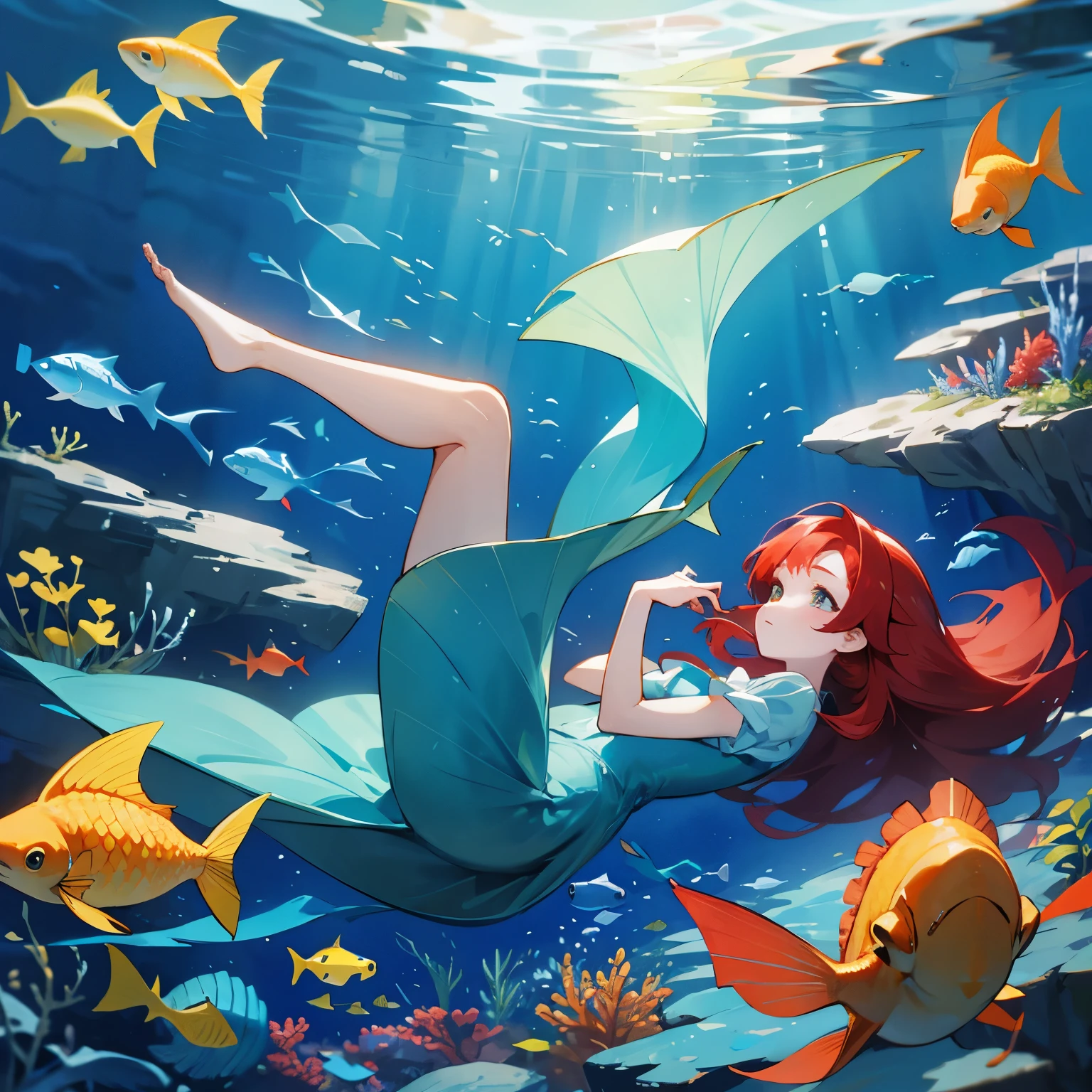 The mermaid with red hair and her yellow and blue fish and the sea came down