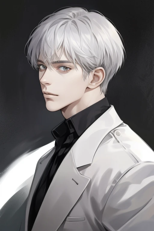 masterpiece, highest quality, realistic, 1 man, male focus, mature, tall and muscular, good looking, long eyes, portrait, highly detailed face, platinum hair, (short hair)