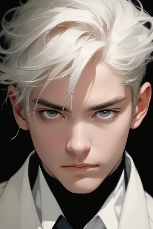 masterpiece, highest quality, realistic, 1 man, male focus, mature, tall and muscular, good looking, long eyes, portrait, highly detailed face, platinum hair, (short hair)