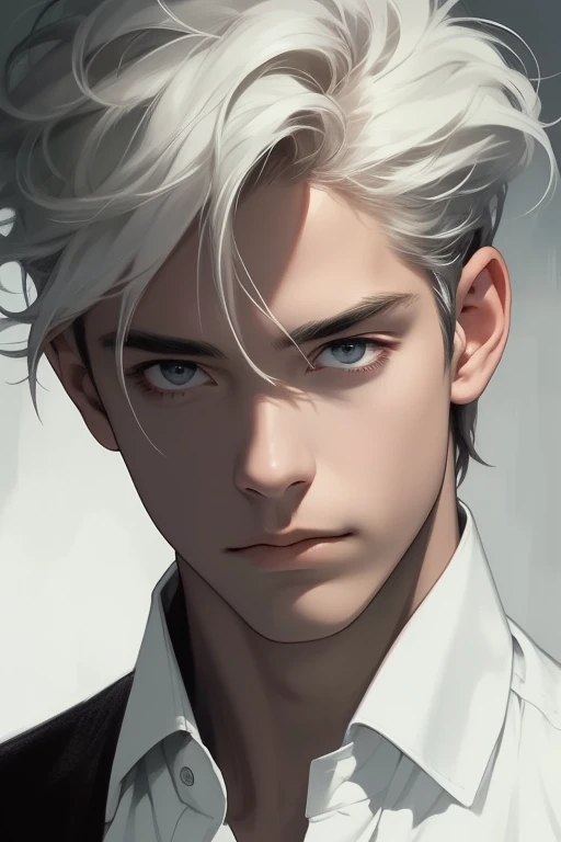 masterpiece, highest quality, realistic, 1 man, male focus, mature, tall and muscular, good looking, long eyes, portrait, highly detailed face, platinum hair, (short hair)
