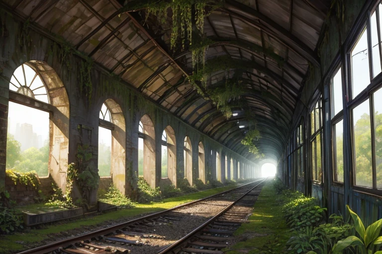 Watercolor style, highest quality, Abandoned railway line, Single Track, Dilapidated station building, Ivy, Moss, countryside, tunnel