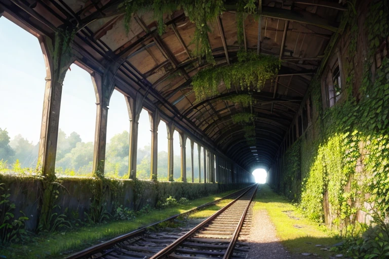 Watercolor style, highest quality, Abandoned railway line, Single Track, Dilapidated station building, Ivy, Moss, countryside, tunnel