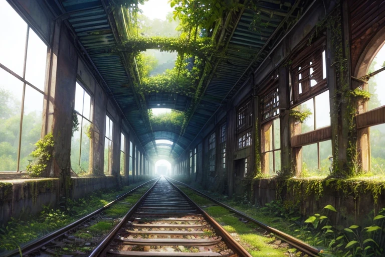 Watercolor style, highest quality, Abandoned railway line, Single Track, Dilapidated station building, Ivy, Moss, countryside, tunnel