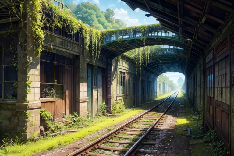 Watercolor style, highest quality, Abandoned railway line, Single Track, Dilapidated station building, Ivy, Moss, countryside, tunnel