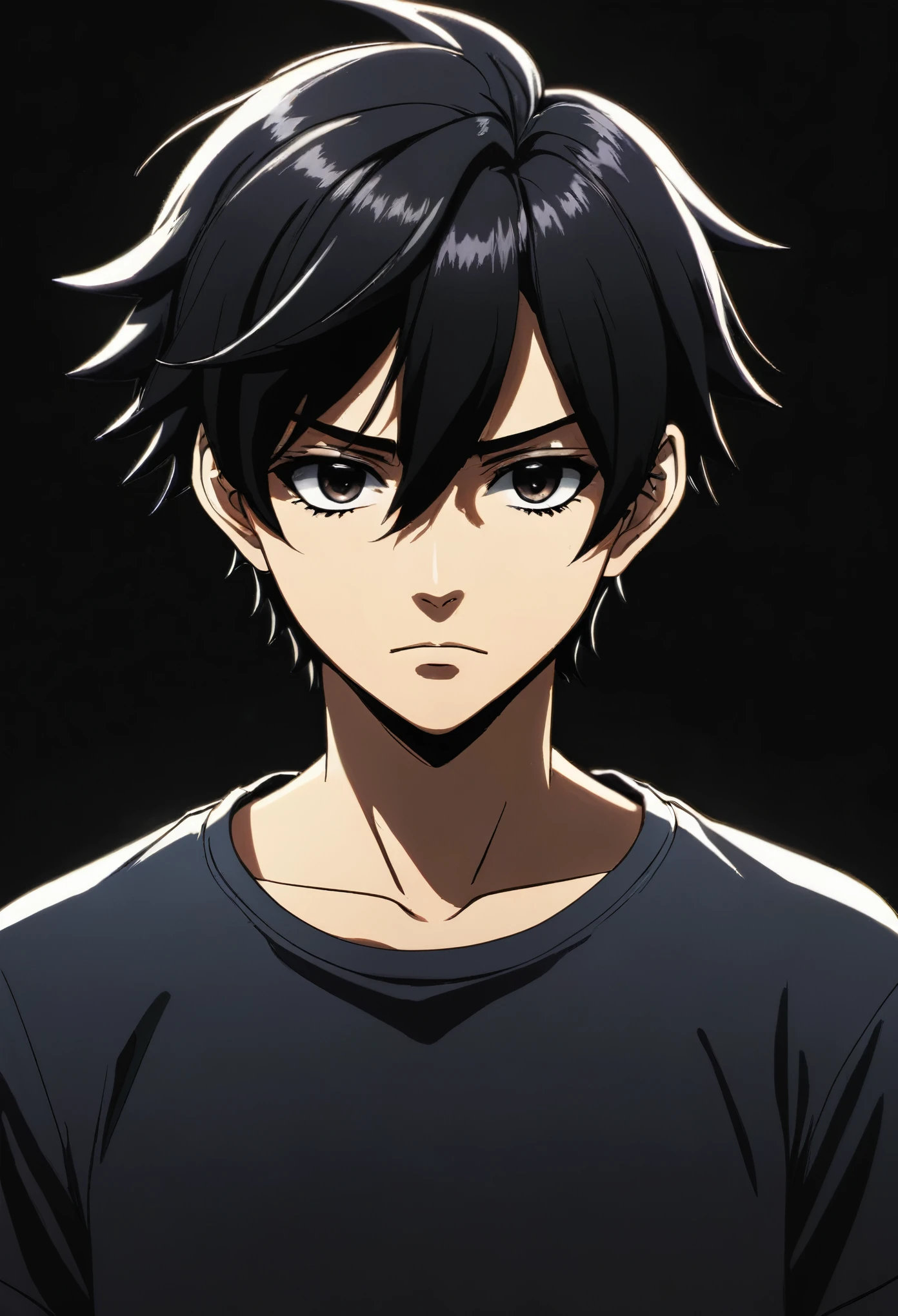 Desenhe um personagem de anime jovem moreno com cabelos curtos e espetados, vestindo um sobretudo preto, standing against a dark background, with a sad expression