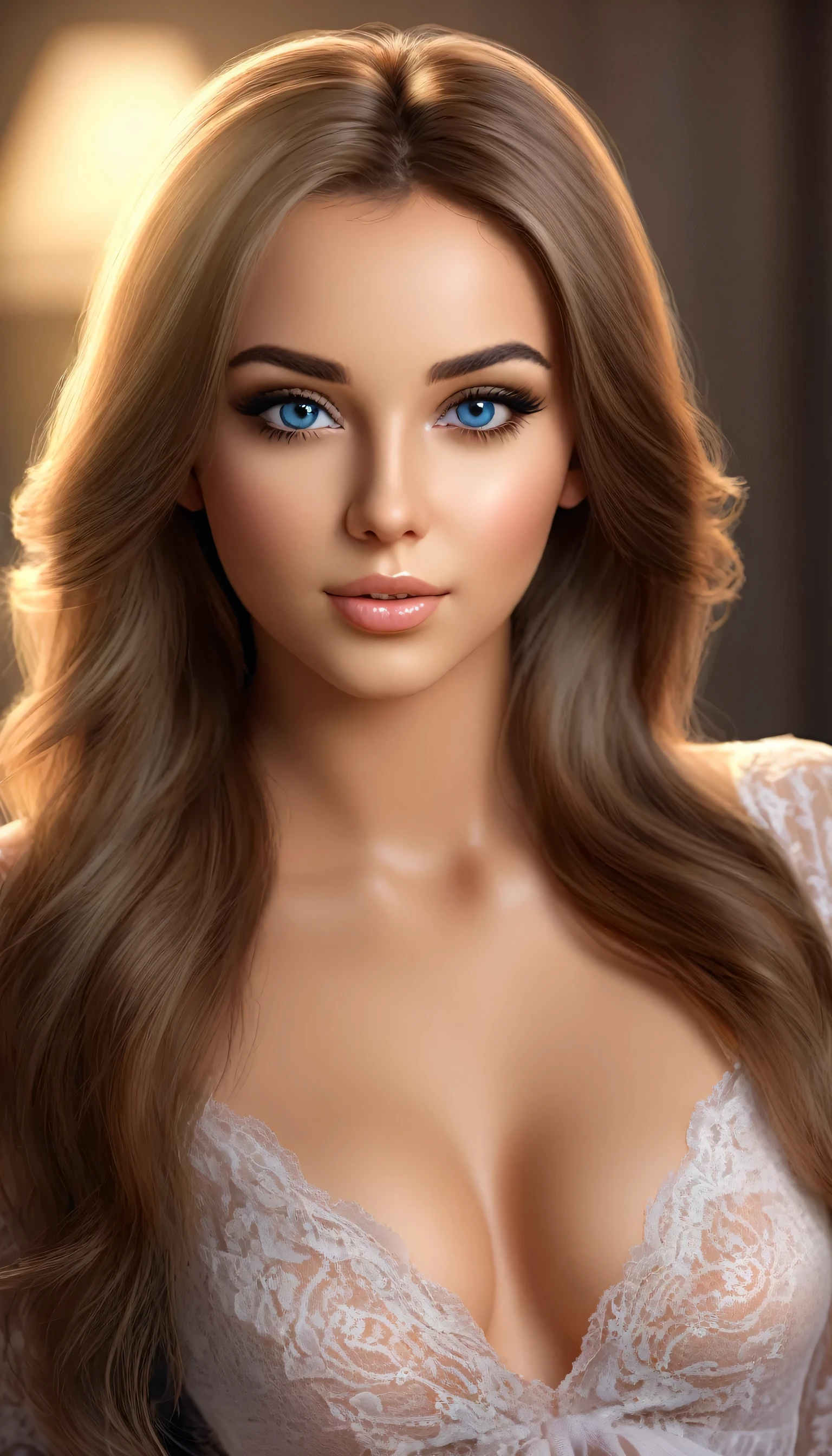 Young woman, Realistic, full body view, her eyes have a deep and seductive look, that attracts attention, the girl has plump sexy lips, which may be slightly open, giving her expression a certain playfulness, her face expresses confidence and femininity at the same time, with clear features and an attractive facial shape, the girl's smile is charming and inviting, which makes her even more sexy and attractive, the girl's neck is slender and graceful, which gives her grace and femininity, smooth and well-groomed skin, skin without imperfections, with a delicate shade and pleasant texture, catches the eye, her hair is well-groomed, thick and silky, which adds charm and sexuality, the girl's eyebrows are expressive and neatly designed, emphasizing her expressiveness and sexuality,