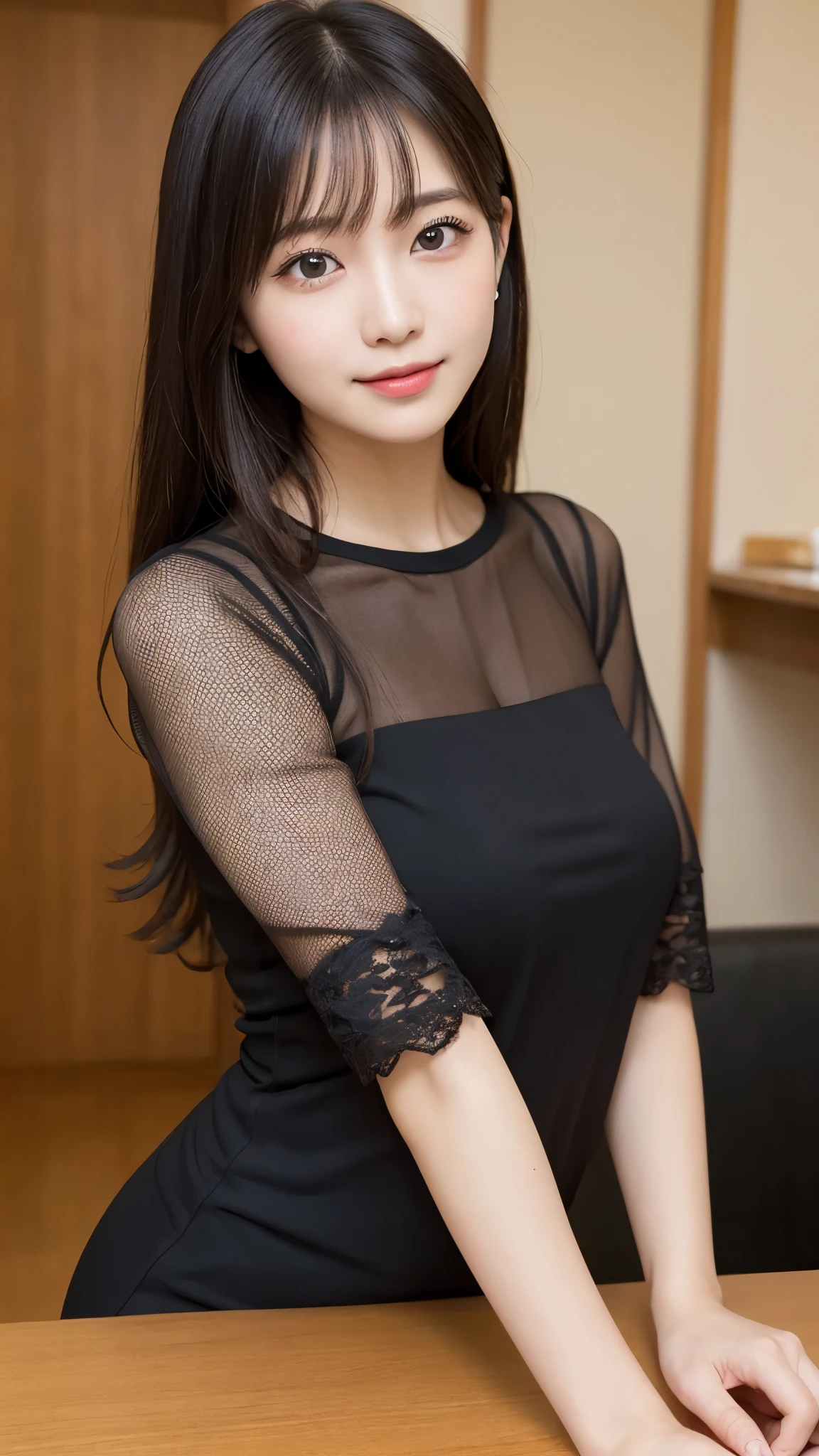 On the table、best quality、Photorealism、Finely、high resolution、8wallpaper、Perfect dynamic posture、Beautiful slender eyes and long hair、(Big plump breasts 1.3)、casual sexy pose、Random situations、Selfie Angle,Close Range,Looking at the camera,(Tight round neck black mesh lace shirt)、、Gentle smile、50 years old、(Perfect Eyes 1.3)、Mature adult beauties、Japanese、