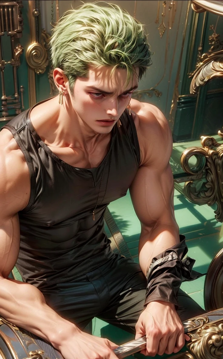 4k, high resolution, best quality, masterpiece, perfect color, perfect shade, perfect lighting, ((portrait)), ((handsome man)), perfect male figure, Short hair details，chest muscles，abdominal muscles，Naked torso,  Detailed face, perfect face, (stood up), Detailed background, ((Bonifasco Lighting)), (delicate eyes),(),green hair,