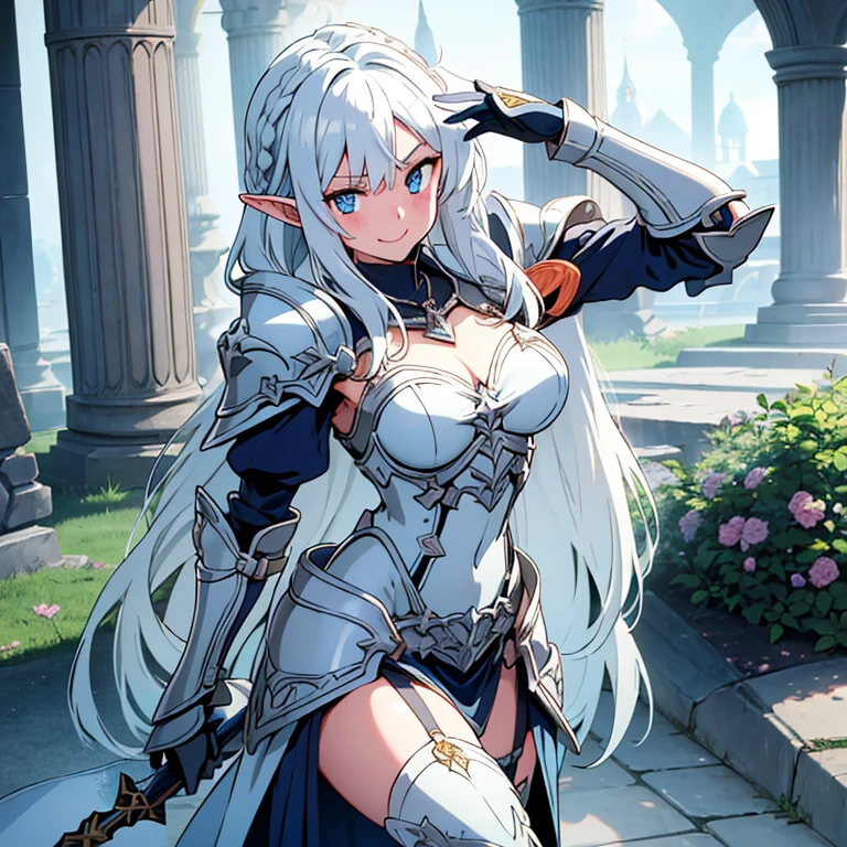castle, medieval background, smile, Smiling, solo, 1girl, soft smile, slender figure, slim, young girl, short height, full cheeks, skinny, short height, Sexy, Beautiful composition, beatiful face, handsome body (Body Full 1.1.), Beautiful figure, in full height (Body Full 1.1.), closed mouth, Digital Art, sexypose, small-sized breasts, High Elf Knight(Body Full 1.1) elf, (Dark Blue eyes:1.5), white hair, long hair, braid on hair, silver hair, Knight, Beautiful figure, beautiful breasts, (Fullness of the body.1,1) silver hair, Hair between the eyes, hairlong, straight hair, pointed ears, long ears, side locks, bangs, Asymmetrical Clothing, elf, (Masterpiece:1.2), Best Quality, High Resolution, Unity 8k Wallpaper, (illustration:0.8), (beautiful detail eyes:1.6), extremely detailed face, perfect lighting, extremely detailed CGI, (perfect arms, perfect anatomy), epic composition, plate armor, knight armor, full armor, silver gold armor, spear in hand, hair braid on head, braid, tress, tress on head, golden spear, looking at viewer, necklace, cleavage, fullbody, full-body