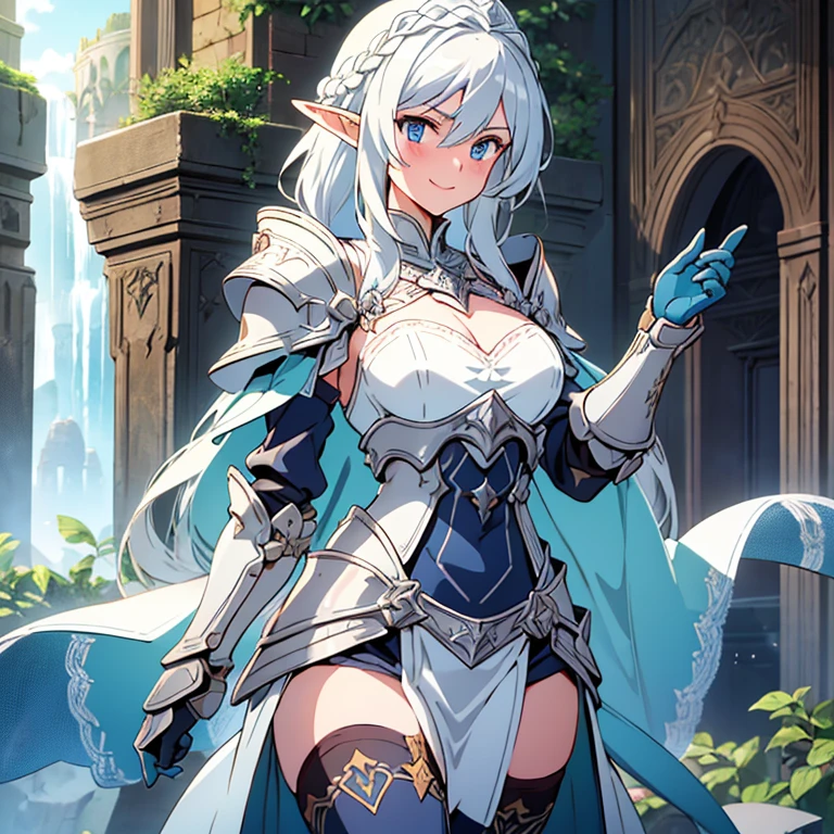 castle, medieval background, smile, Smiling, solo, 1girl, soft smile, slender figure, slim, young girl, short height, full cheeks, skinny, short height, Sexy, Beautiful composition, beatiful face, handsome body (Body Full 1.1.), Beautiful figure, in full height (Body Full 1.1.), closed mouth, Digital Art, sexypose, small-sized breasts, High Elf Knight(Body Full 1.1) elf, (Dark Blue eyes:1.5), white hair, long hair, braid on hair, silver hair, Knight, Beautiful figure, beautiful breasts, (Fullness of the body.1,1) silver hair, Hair between the eyes, hairlong, straight hair, pointed ears, long ears, side locks, bangs, Asymmetrical Clothing, elf, (Masterpiece:1.2), Best Quality, High Resolution, Unity 8k Wallpaper, (illustration:0.8), (beautiful detail eyes:1.6), extremely detailed face, perfect lighting, extremely detailed CGI, (perfect arms, perfect anatomy), epic composition, plate armor, knight armor, full armor, silver gold armor, spear in hand, hair braid on head, braid, tress, tress on head, golden spear, looking at viewer, necklace, cleavage, fullbody, full-body