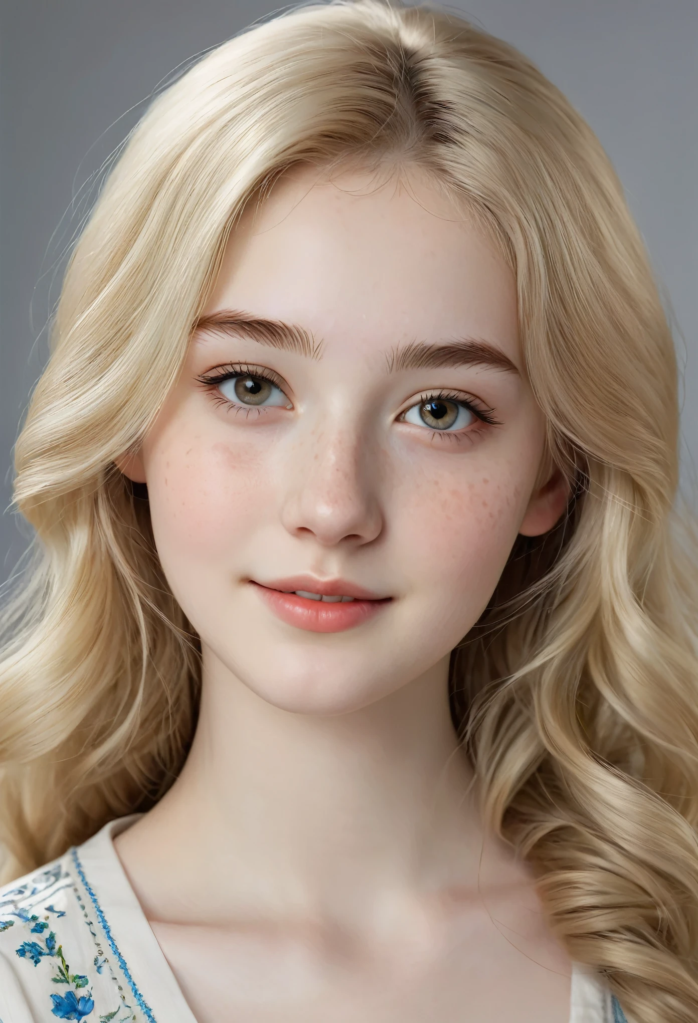 A very beautiful realistic girl, central Asian girl, 15-years-old, porcelain skin, very fair skin, very pale skin, blonde hair, wavy, freckles skin, hazel eyes, thick curved eyebrow, happy face, unique face, detail photo, realistic photo, master piece picture, sharp picture.