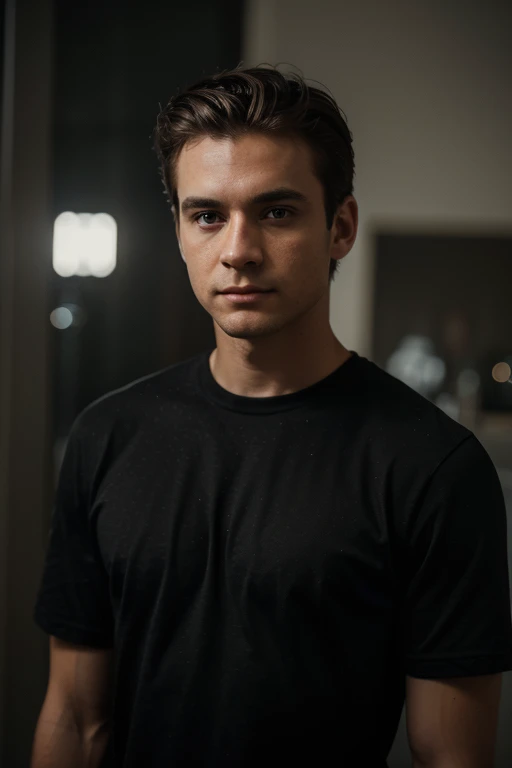 ((1 guy)) (White guy) Wearing a black shirt, manly (standing in a formal manner, body forward and looking at the camera as if participating in an online meeting), very detailed, 18 years old, hair with natural waves, brown eyes, ((short facial hair)), high resolution, artwork, best quality, intricate details, highly detailed, sharp focus, detailed skin, realistic skin texture, texture, detailed eyes, Professional, 4k, Shot on Canon, 85mm, Shallow depth of field, Kodak vision color, Perfectly modeled body, extremely detailed, photo_\(Ultra\), photorealistic, realistic, POST-PROCESSING, maximum detail, roughness, Real life, ultra realistic, photorealism , photography, 8K HD, photography (film grain) ((medium shot atmospheric dark lighting))