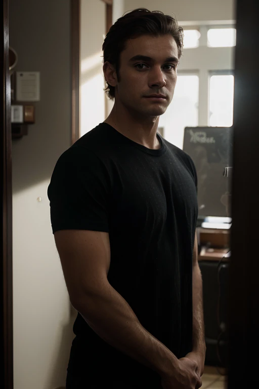 ((1 guy)) (White guy) Wearing a black shirt, manly (standing in a formal manner, body forward and looking at the camera as if participating in an online meeting), very detailed, 18 years old, hair with natural waves, brown eyes, ((short facial hair)), high resolution, artwork, best quality, intricate details, highly detailed, sharp focus, detailed skin, realistic skin texture, texture, detailed eyes, Professional, 4k, Shot on Canon, 85mm, Shallow depth of field, Kodak vision color, Perfectly modeled body, extremely detailed, photo_\(Ultra\), photorealistic, realistic, POST-PROCESSING, maximum detail, roughness, Real life, ultra realistic, photorealism , photography, 8K HD, photography (film grain) ((medium shot atmospheric dark lighting))