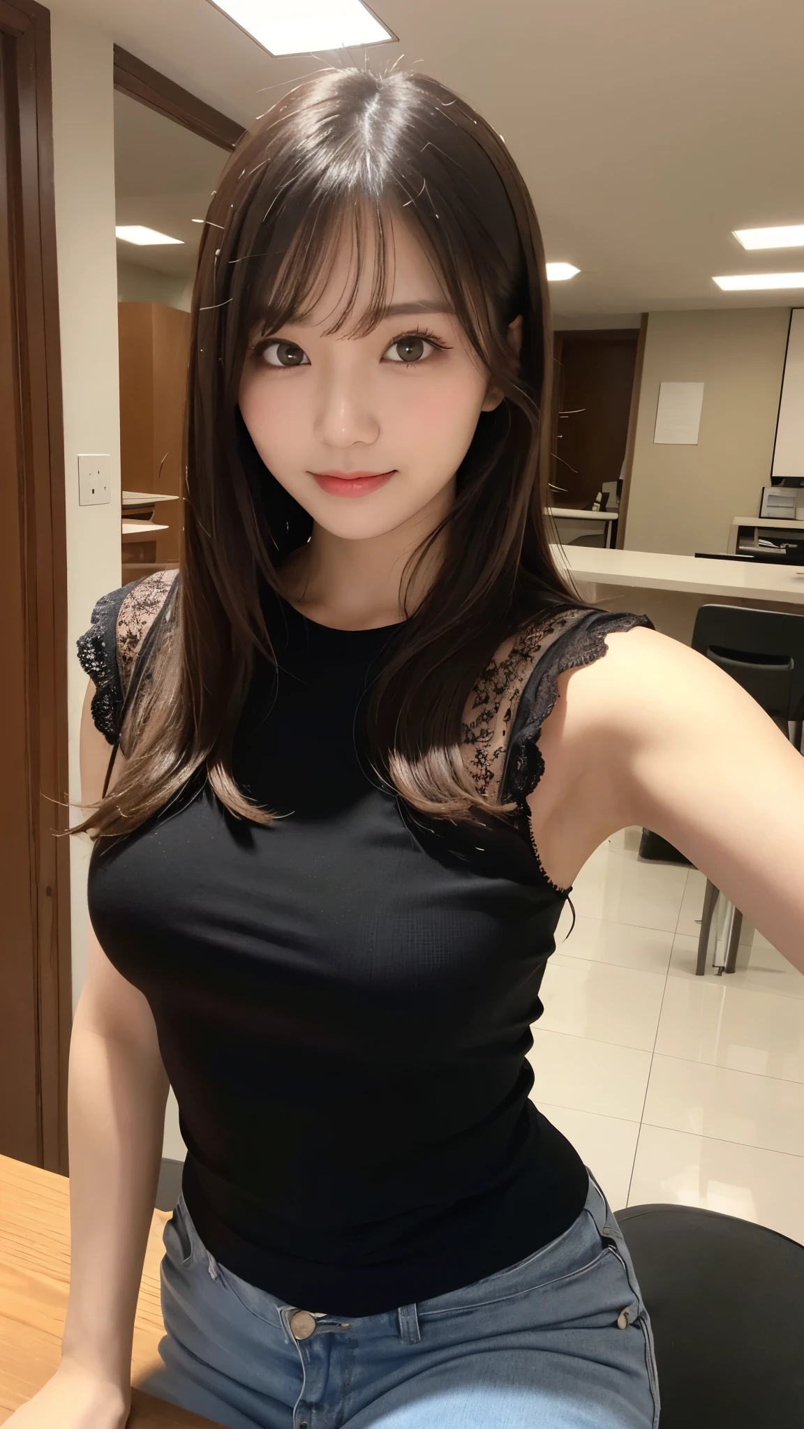 On the table、best quality、Photorealism、Finely、high resolution、8wallpaper、Perfect dynamic posture、Beautiful slender eyes and long hair、(Big plump breasts 1.3)、casual sexy pose、Random situations、Selfie Angle,Close Range,Looking at the camera,(Tight round neck black mesh lace shirt)、、Gentle smile、50 years old、(Perfect Eyes 1.3)、Mature adult beauties、Japanese、
