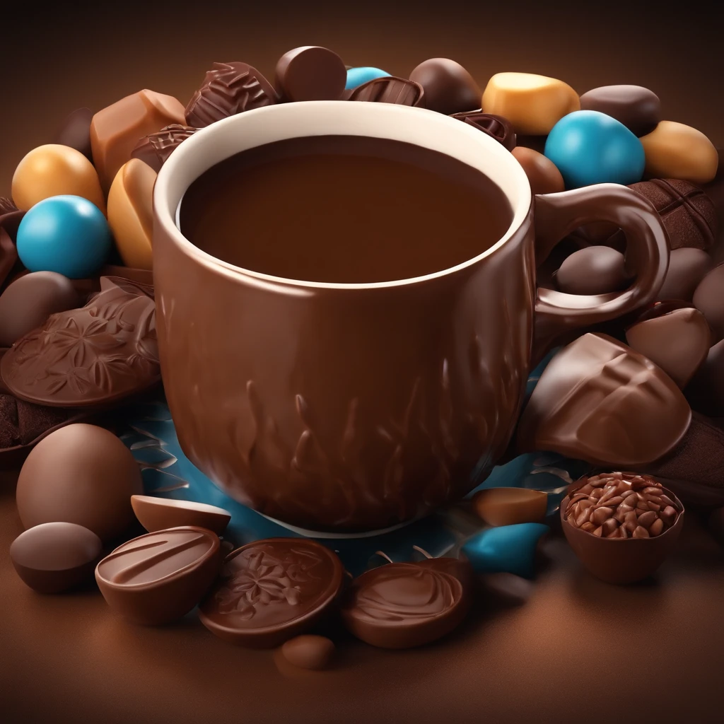 Una taza de chocolate feliz, adornada con barritas de chocolate, of different sizes and shapes, 3D,