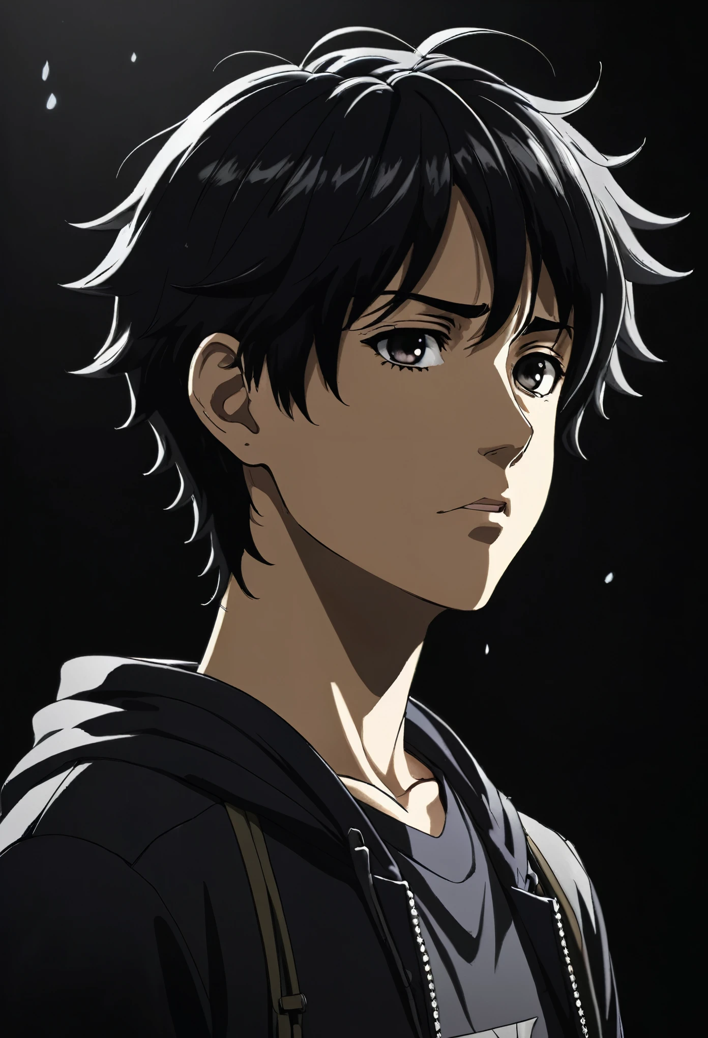 Desenhe um personagem de anime jovem moreno com cabelos curtos e espetados, vestindo um sobretudo preto, standing against a dark background, with a tearful expression