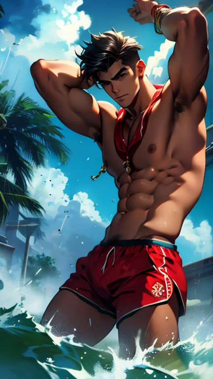 The spirit of the god of Aztec rains and storms possessing a handsome and sexy Latin lifeguard 