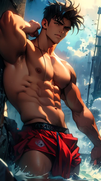 The spirit of the god of Aztec rains and storms possessing a handsome and sexy Latin lifeguard