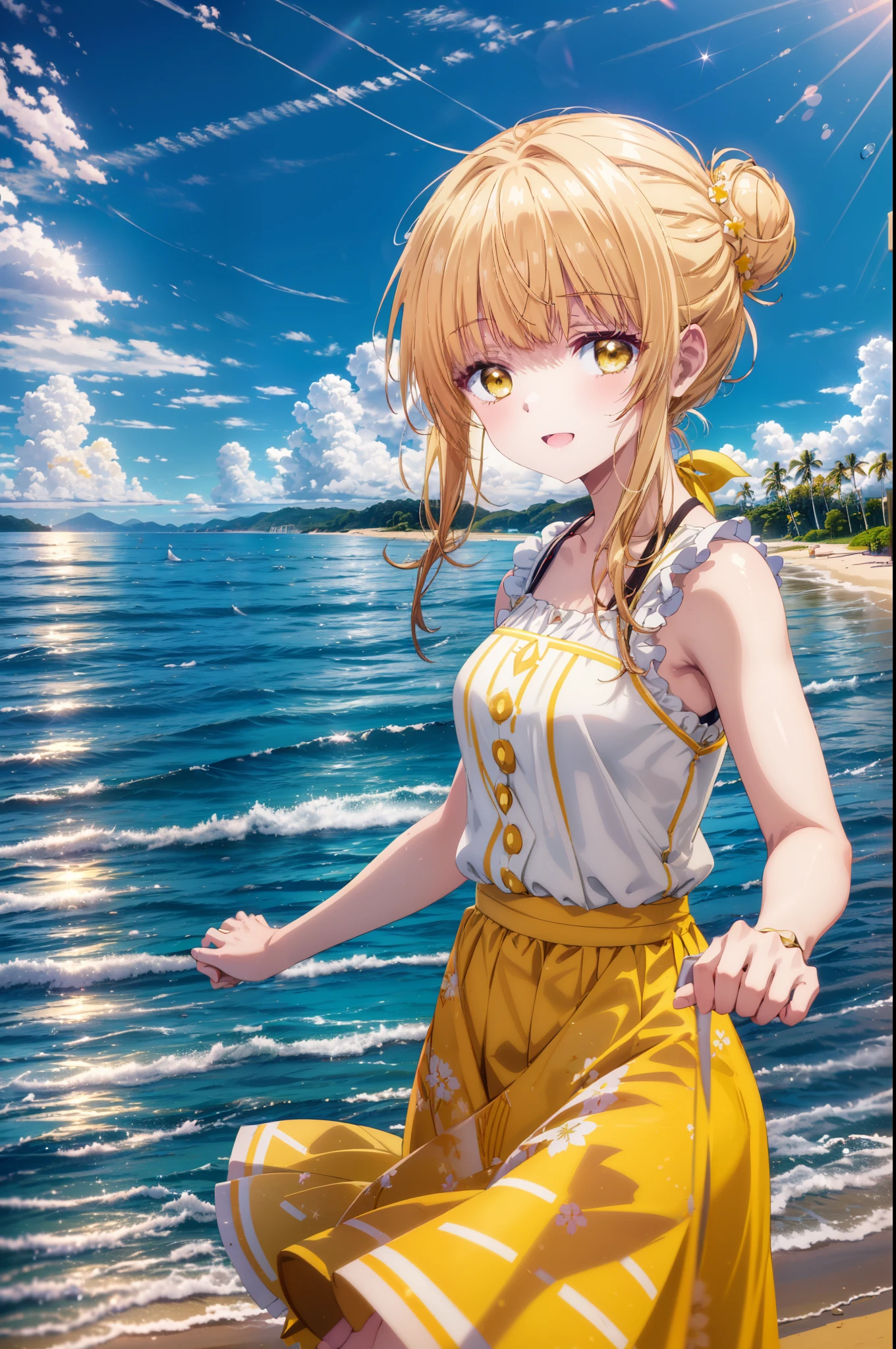 mahirushiina, Mahiru shiina, Long Hair, bangs, Blonde Hair, Brown Hair, (Yellow Eyes:1.3), happy smile, smile, Open your mouth,smile,Black jacket,Hair Bun, double Hair Bun,Yellow sleeveless dress,Yellow long skirt、barefoot,Strolling on the sandy beach,True Summer,Daytime,coastal通,whole bodyがイラストに入るように,
break outdoors, coastal,
break looking at viewer, whole body,
break (masterpiece:1.2), highest quality, High resolution, unity 8k wallpaper, (figure:0.8), (Beautiful fine details:1.6), Highly detailed face, Perfect lighting, Highly detailed CG, (Perfect hands, Perfect Anatomy),